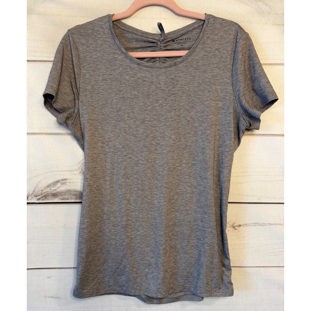 Athleta Women Gray Ruched Open Back Short Sleeve Activewear Yoga Top Size M